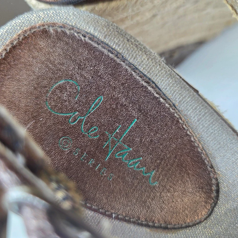 Cole Haan G Series Metallic Gold Canvas Espadrille Wedge Slingback Sandals 7B